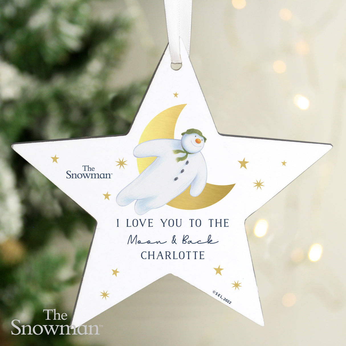 Personalised The Snowman Gold Moon Wooden Star Decoration: 2 - Christmas Decorations By The Snowman