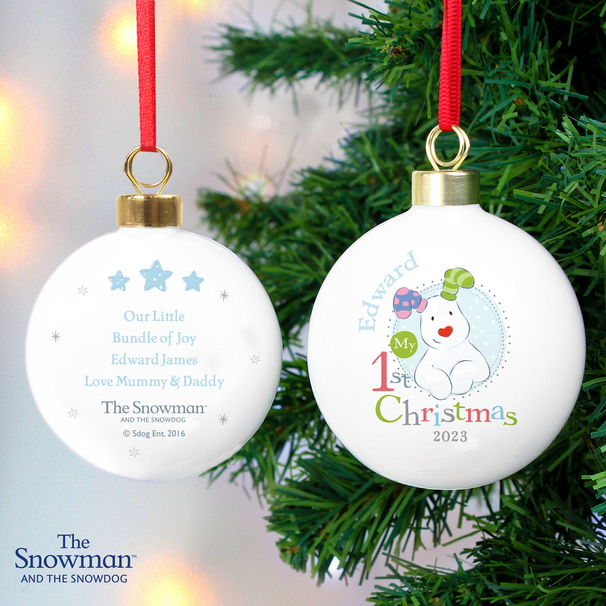 Personalised The Snowman and the Snowdog My 1st Christmas Blue Bauble - Shop Christmas Baubles At Gift Moments - 1