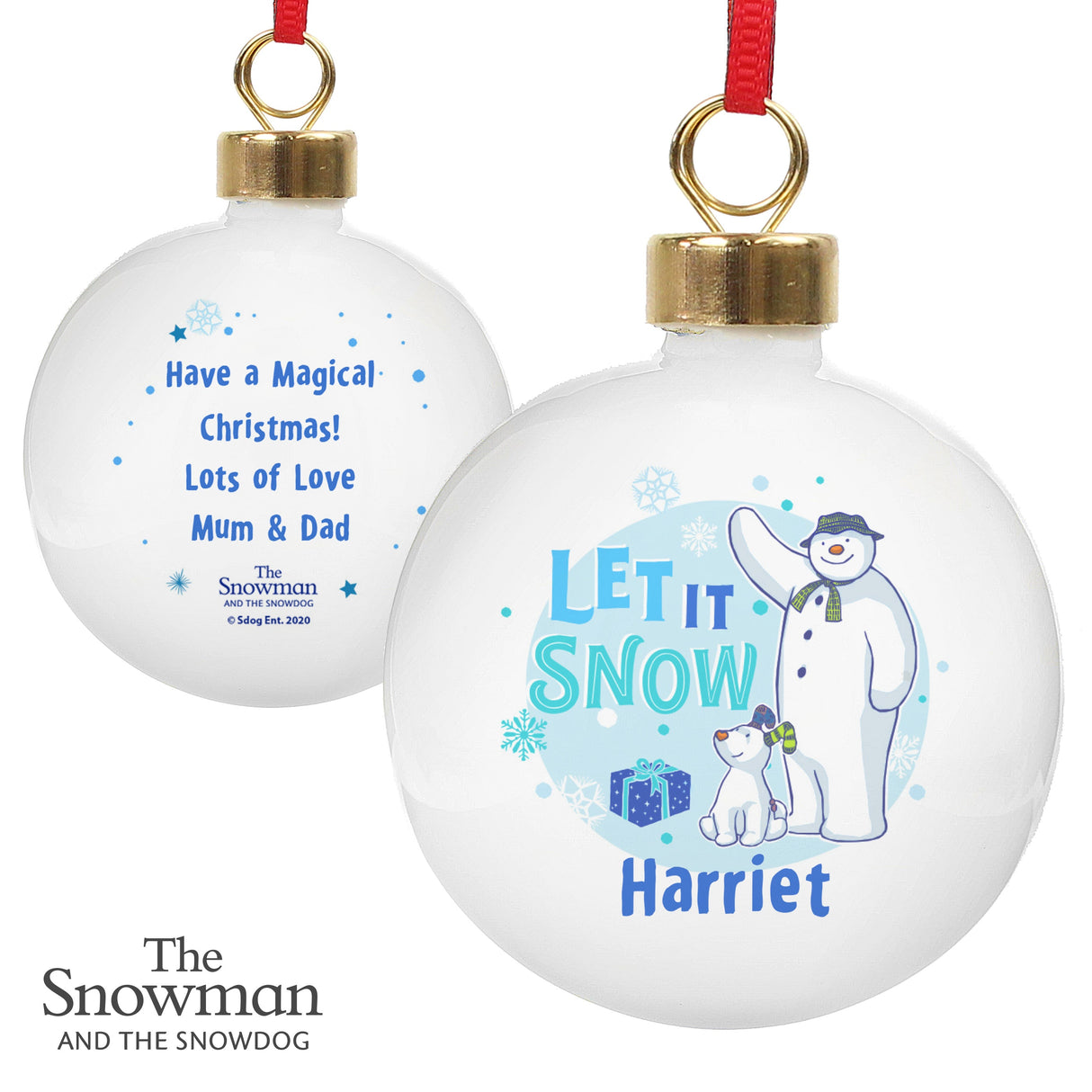 Personalised The Snowman and the Snowdog Blue Bauble: 5 - Christmas Baubles By The Snowman