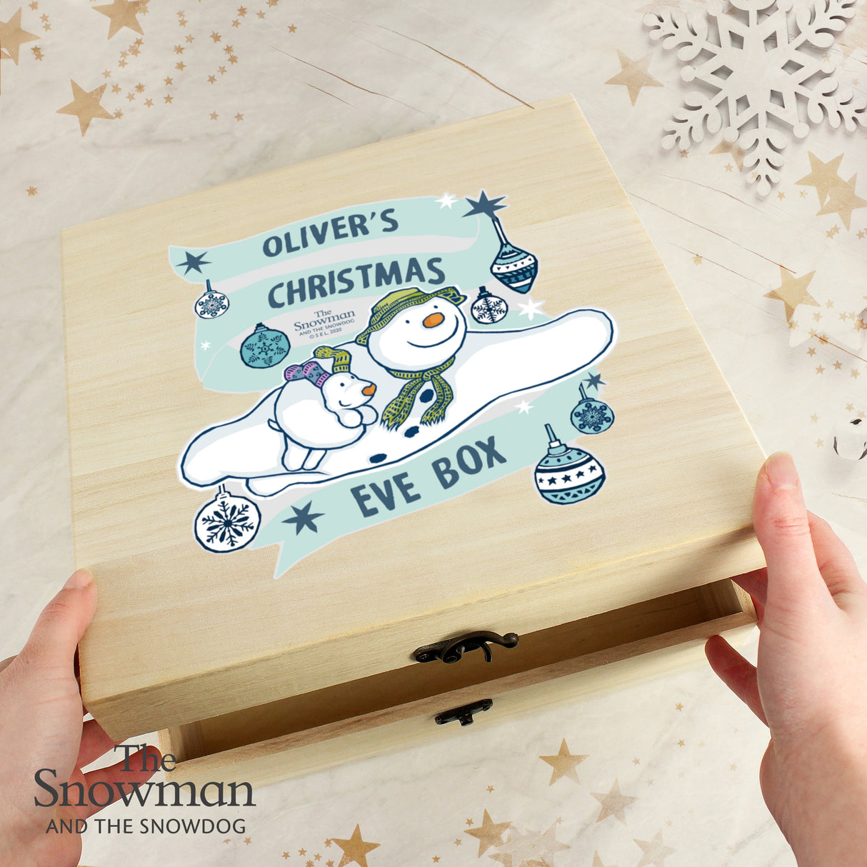 Personalised The Snowman and the Snowdog Large Wooden Christmas Eve Box: 2 - Keepsake Boxes By The Snowman