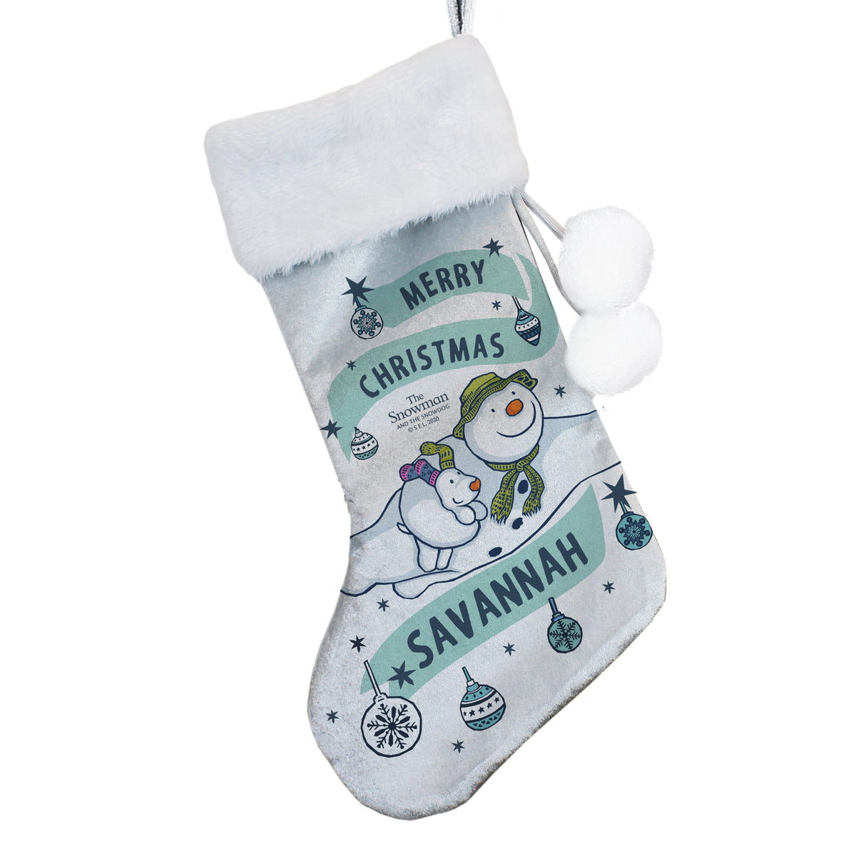 Personalised The Snowman and the Snowdog Luxury Silver Grey Stocking: 4 - Christmas Stockings By The Snowman