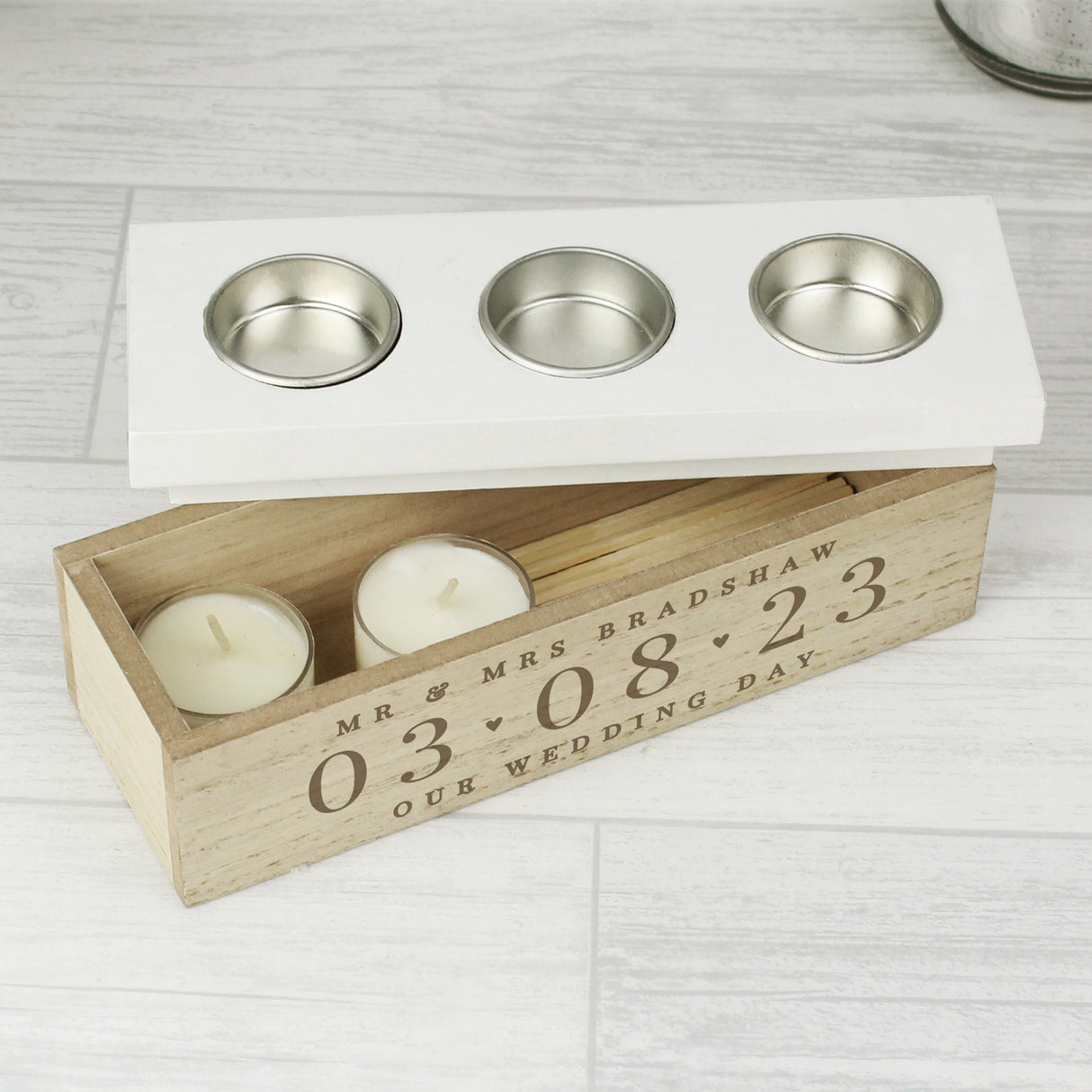 Personalised Special Date Triple Tea Light Box: 2 - Candle Holders By Gift Moments