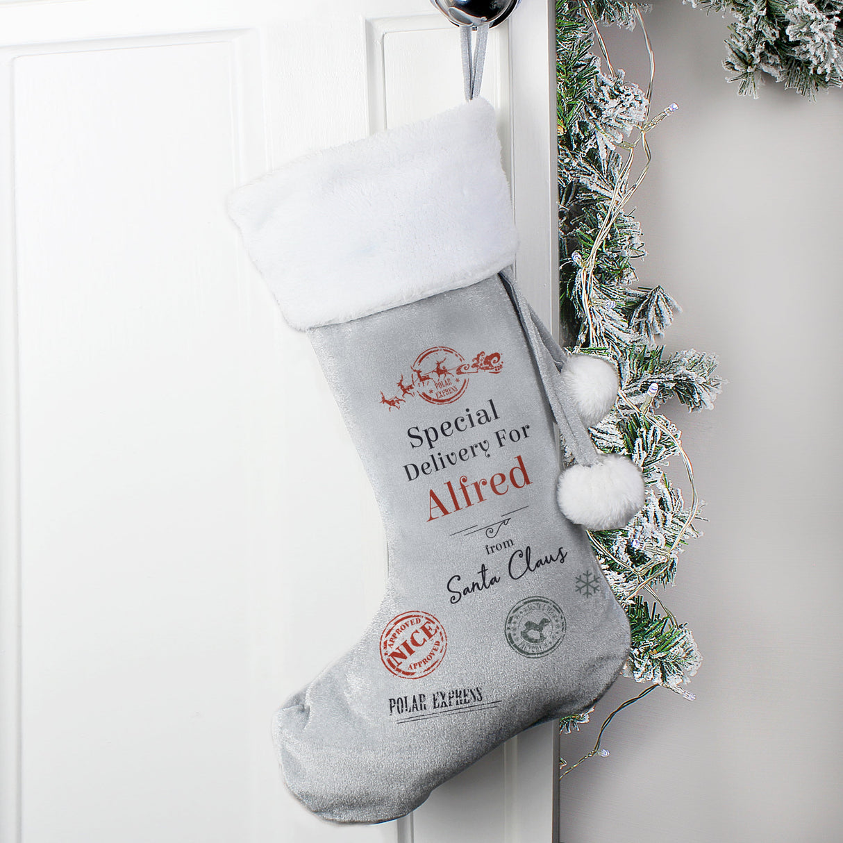 Personalised Special Delivery Silver Grey Stocking: 3 - Christmas Stockings By Gift Moments