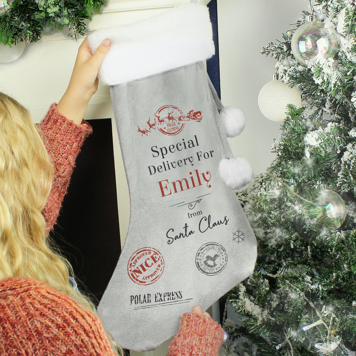 Personalised Special Delivery Silver Grey Stocking: 2 - Christmas Stockings By Gift Moments