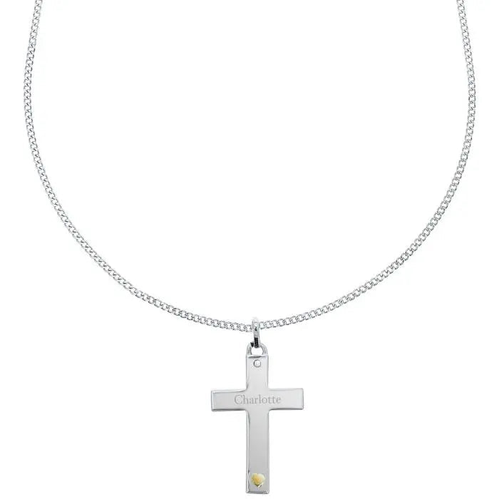 Personalised Sterling Silver Cross with 9ct Gold Heart & CZ Necklace: 4 - Necklaces By Gift Moments
