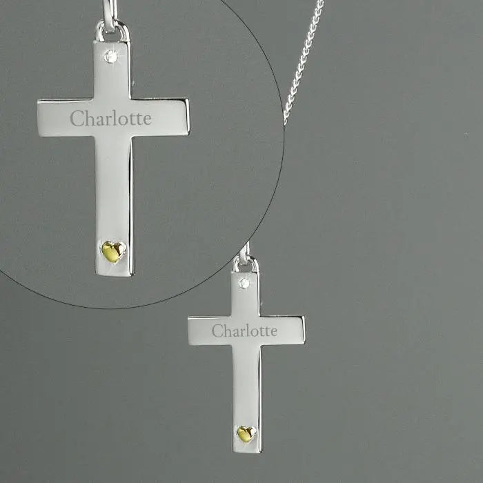 Personalised Sterling Silver Cross with 9ct Gold Heart & CZ Necklace: 2 - Necklaces By Gift Moments