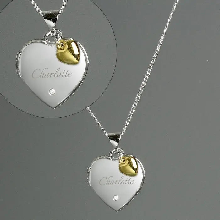Personalised Sterling Silver Heart Locket Necklace with Diamond and 9ct Gold Charm: 3 - Necklaces By Gift Moments