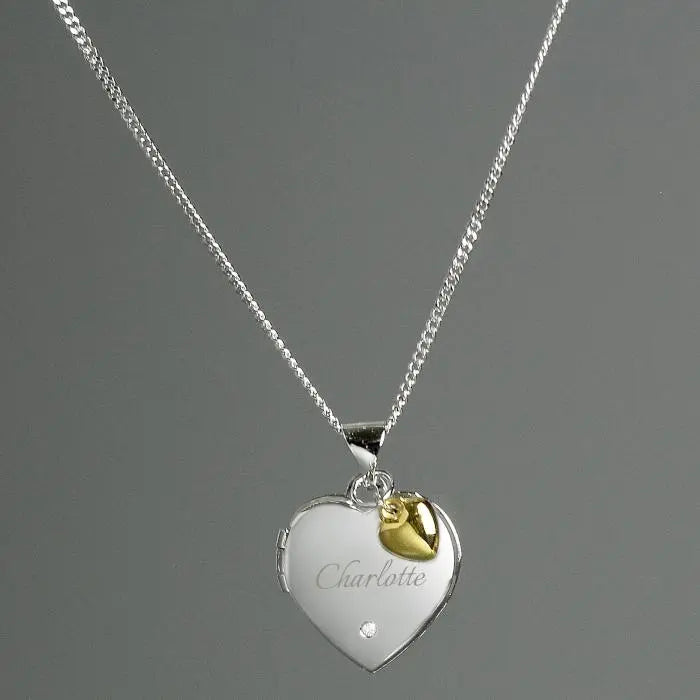 Personalised Sterling Silver Heart Locket Necklace with Diamond and 9ct Gold Charm: 1 - Necklaces By Gift Moments