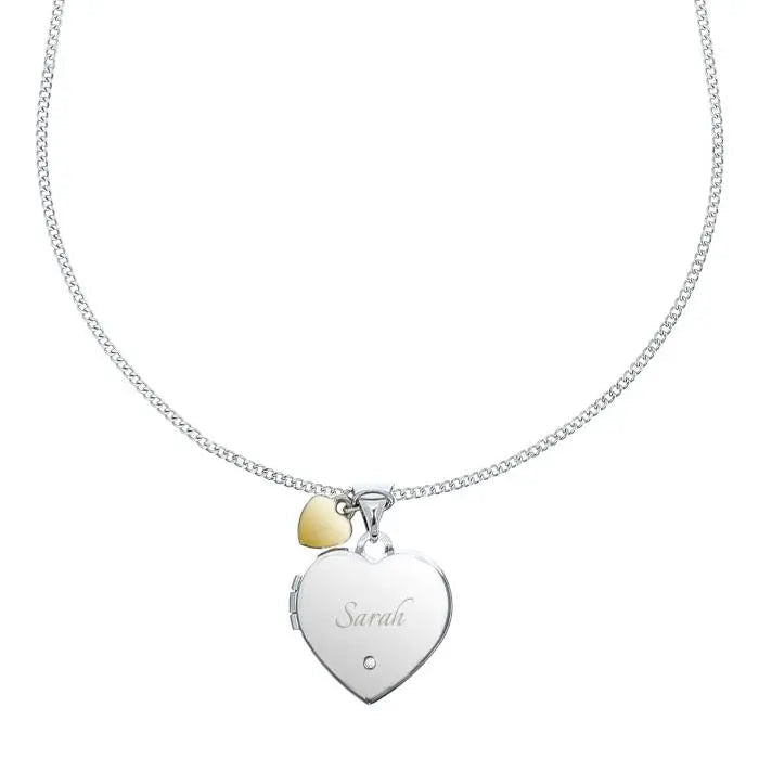 Personalised Sterling Silver Heart Locket Necklace with Diamond and 9ct Gold Charm: 4 - Necklaces By Gift Moments