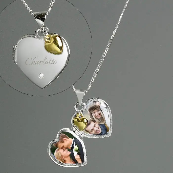 Personalised Sterling Silver Heart Locket Necklace with Diamond and 9ct Gold Charm: 2 - Necklaces By Gift Moments