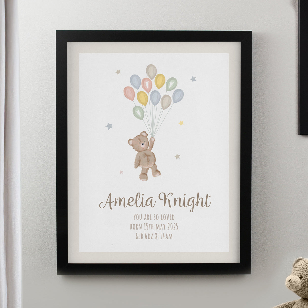 Personalised Teddy Balloon Framed Prints: 2 - Black - Framed Prints By Gift Moments