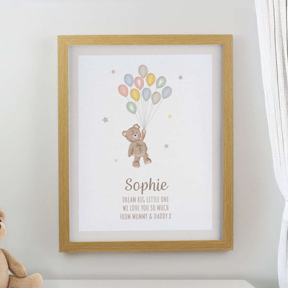Personalised Teddy Balloon Framed Prints: 1 - Oak - Framed Prints By Gift Moments