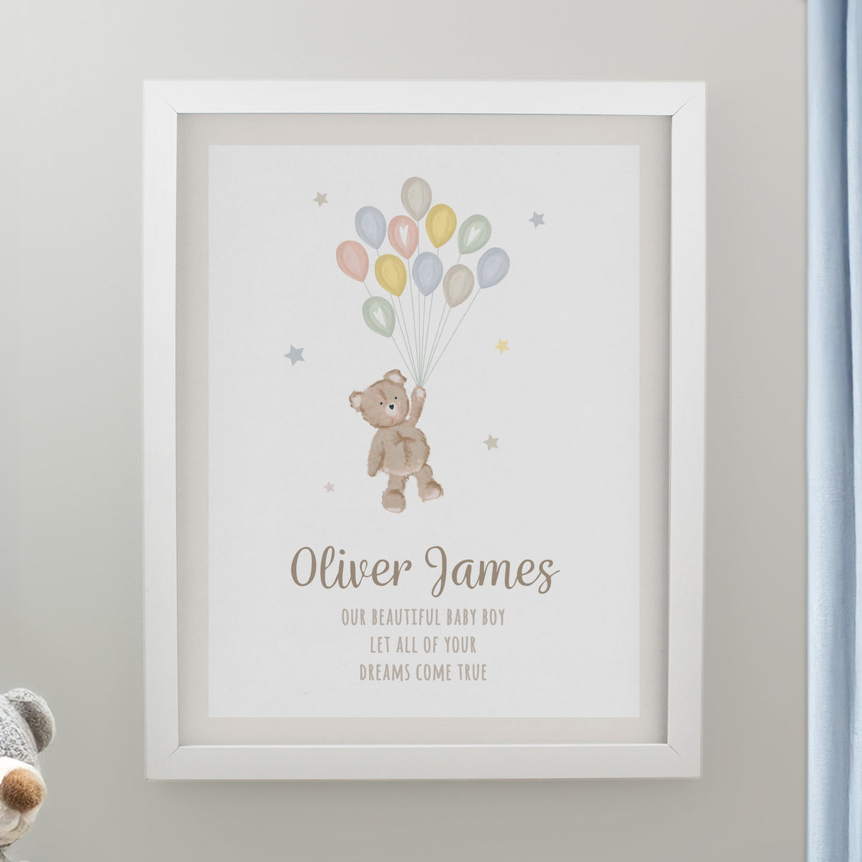 Personalised Teddy Balloon Framed Prints: 3 - White - Framed Prints By Gift Moments