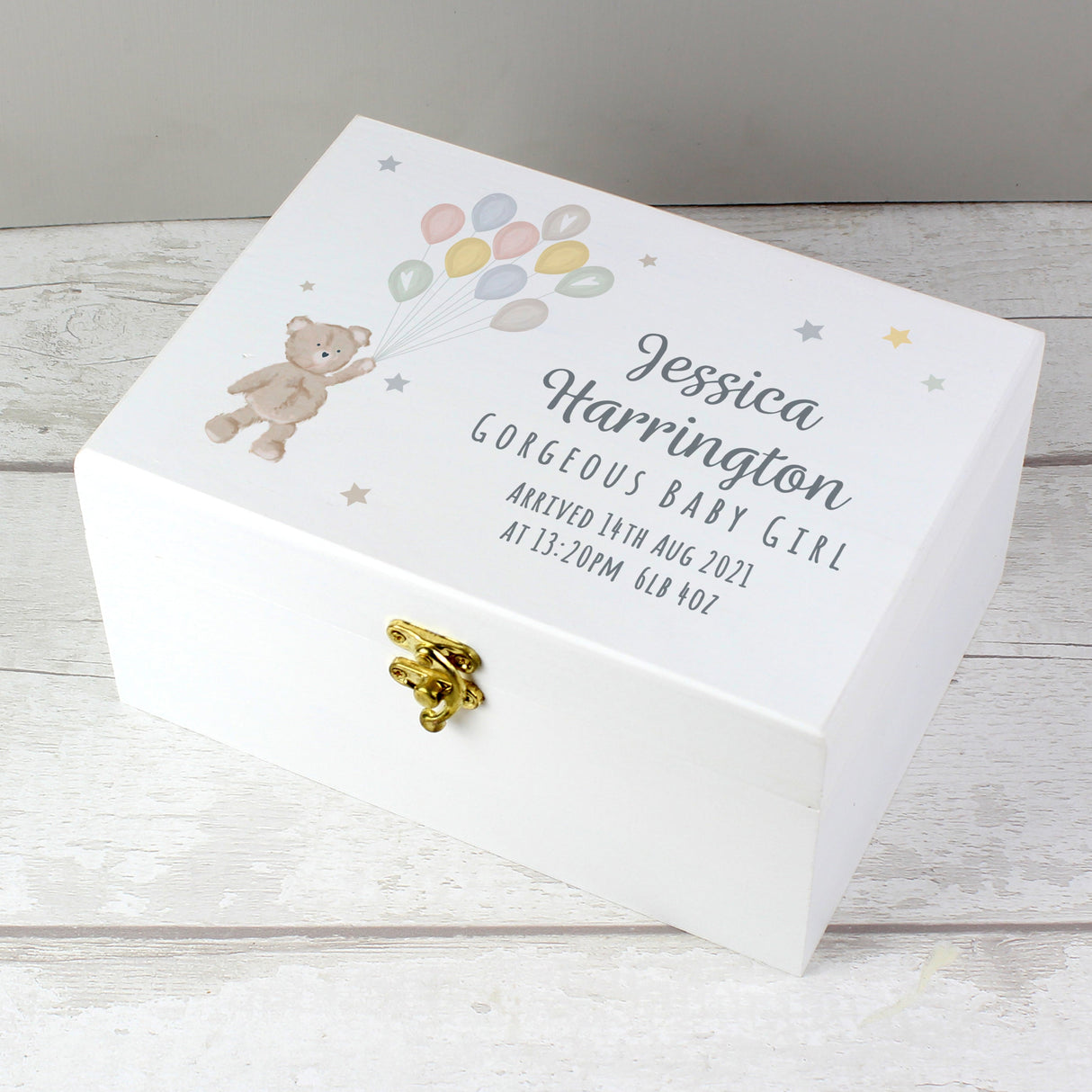 Personalised Teddy & Balloons White Wooden Keepsake Box - Shop Keepsake Boxes At Gift Moments - 1