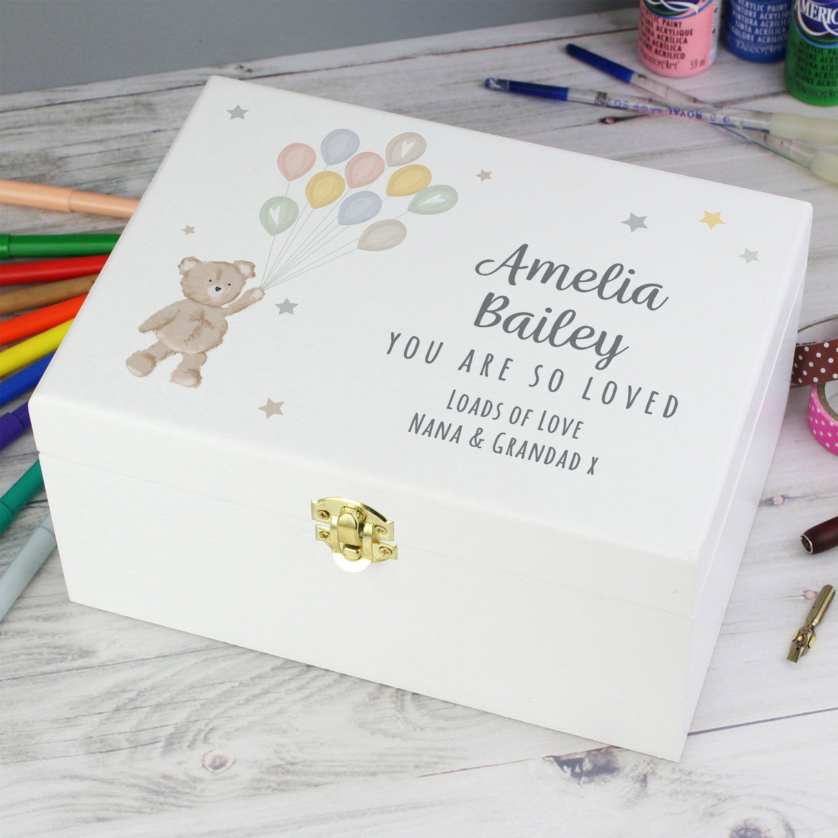Personalised Teddy & Balloons White Wooden Keepsake Box - Shop Keepsake Boxes At Gift Moments - 4
