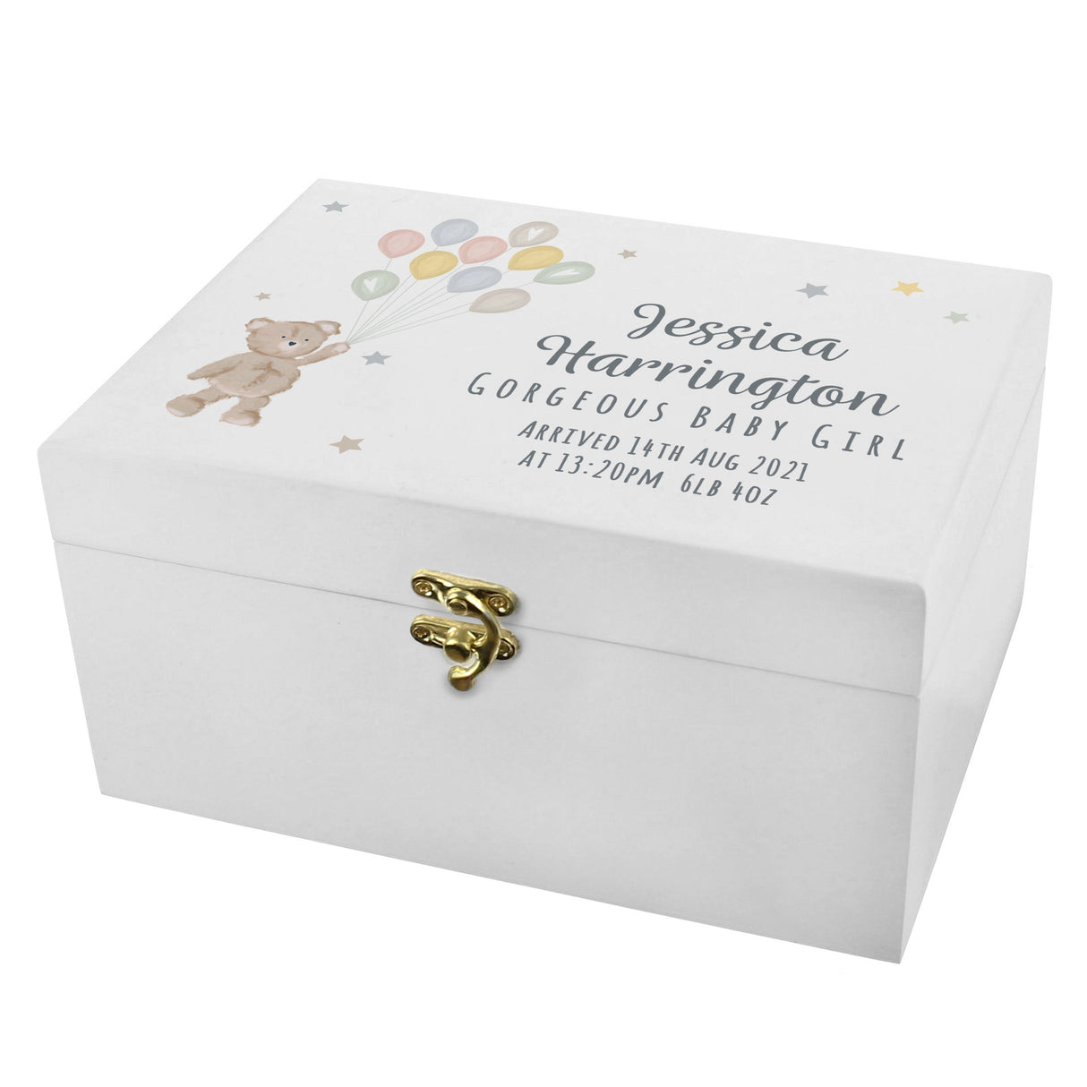 Personalised Teddy & Balloons White Wooden Keepsake Box - Shop Keepsake Boxes At Gift Moments - 2