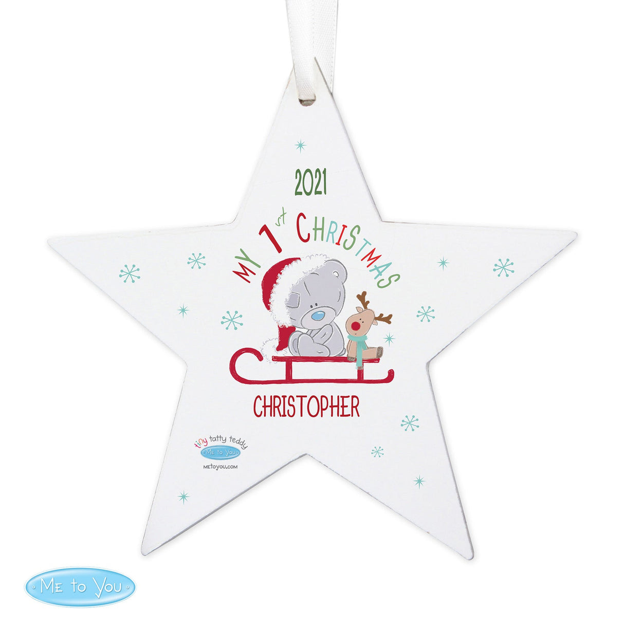 Personalised Tiny Tatty Teddy My 1st Christmas Sleigh Wooden Star Decoration: 5 - Christmas Decorations By Gift Moments