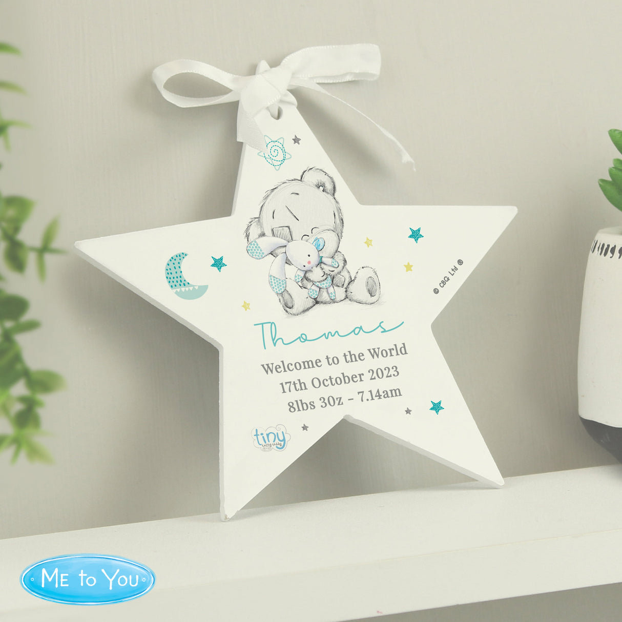 Personalised Tiny Tatty Teddy Blue Wooden Star Decoration: 1 - Decorations