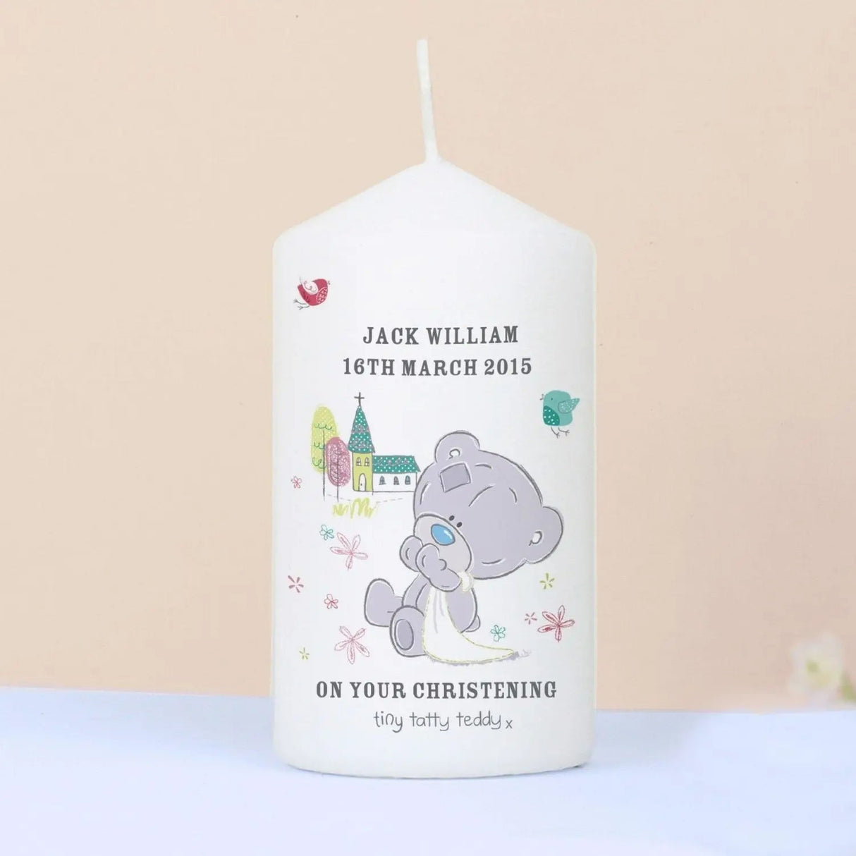 Personalised Tiny Tatty Teddy Christening Pillar Candle: 1 - Candles