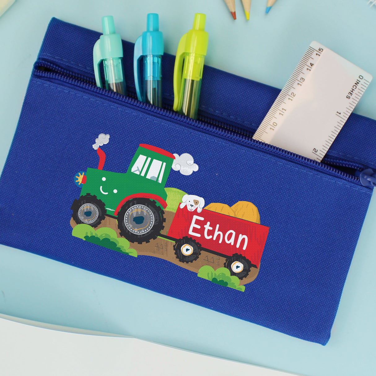 Personalised Tractor Blue Pencil Case: 4 - Pencil Cases & Sets By Gift Moments