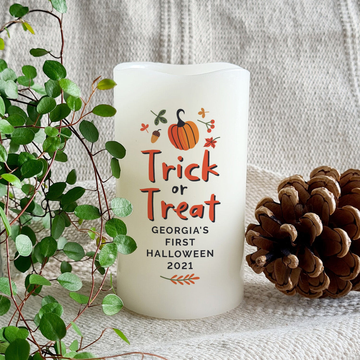 Personalised Trick or Treat LED Candle: 3 - LED Lighting By Gift Moments