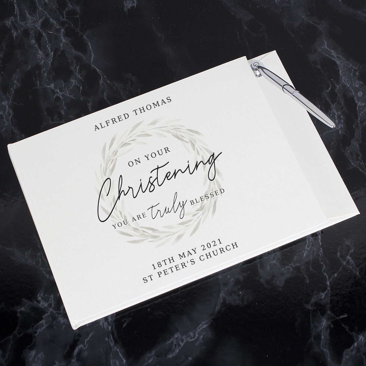 Personalised ’Truly Blessed’ Christening Hardback Guest Book & Pen - Shop Guest Books At Gift Moments - 2