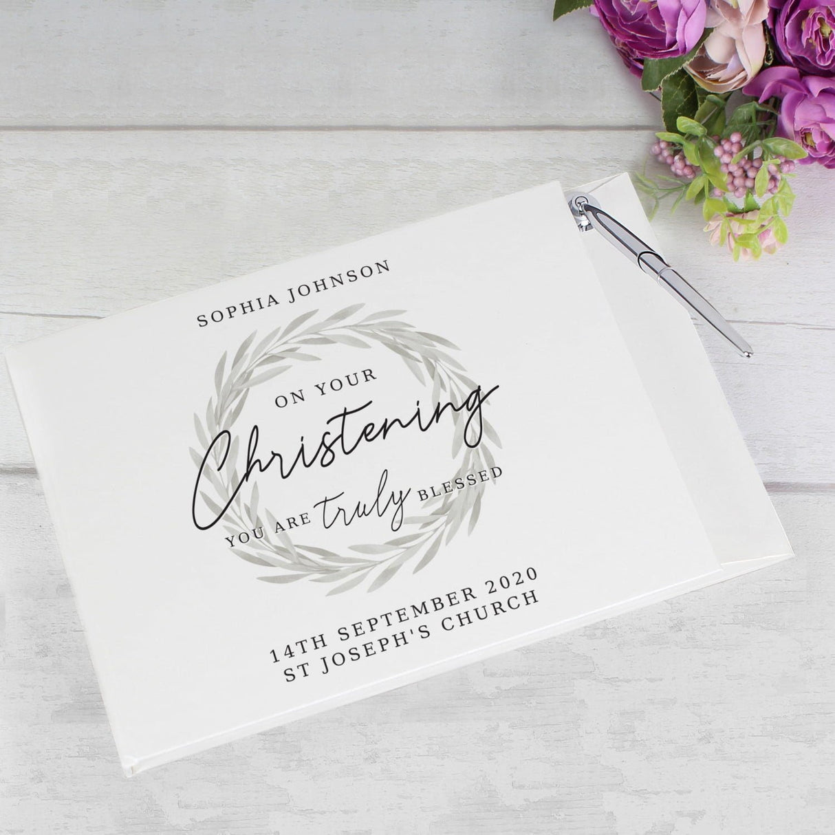 Personalised ’Truly Blessed’ Christening Hardback Guest Book & Pen - Shop Guest Books At Gift Moments - 1