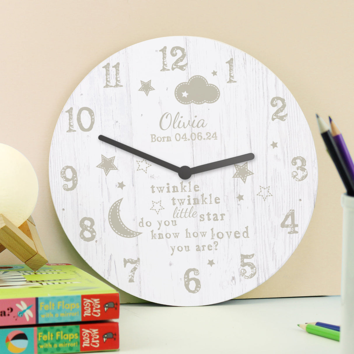 Personalised Twinkle Twinkle Nursery Wooden Clock: 3 - Clocks By Gift Moments