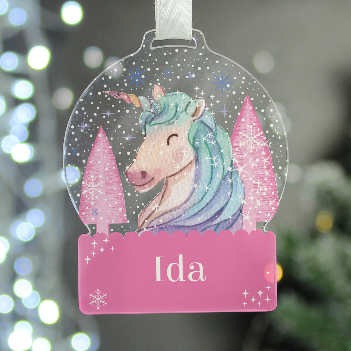 Personalised Unicorn Acrylic Snowglobe Decoration: 2 - Christmas Decorations By Gift Moments