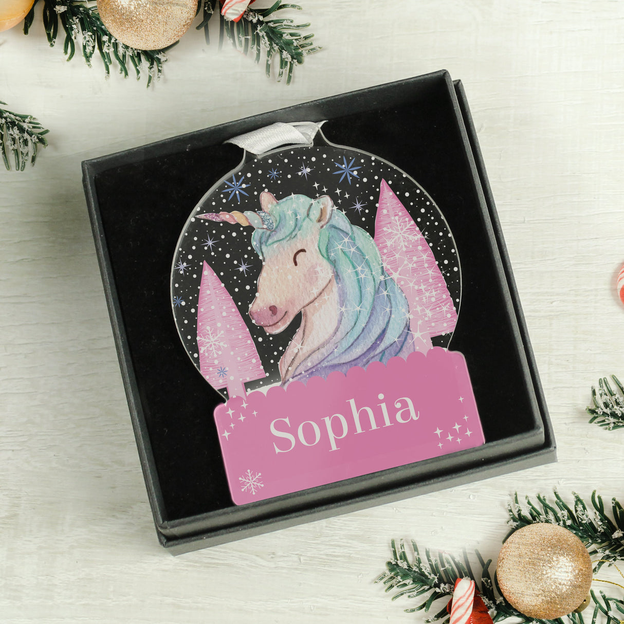 Personalised Unicorn Acrylic Snowglobe Decoration: 1 - Christmas Decorations By Gift Moments
