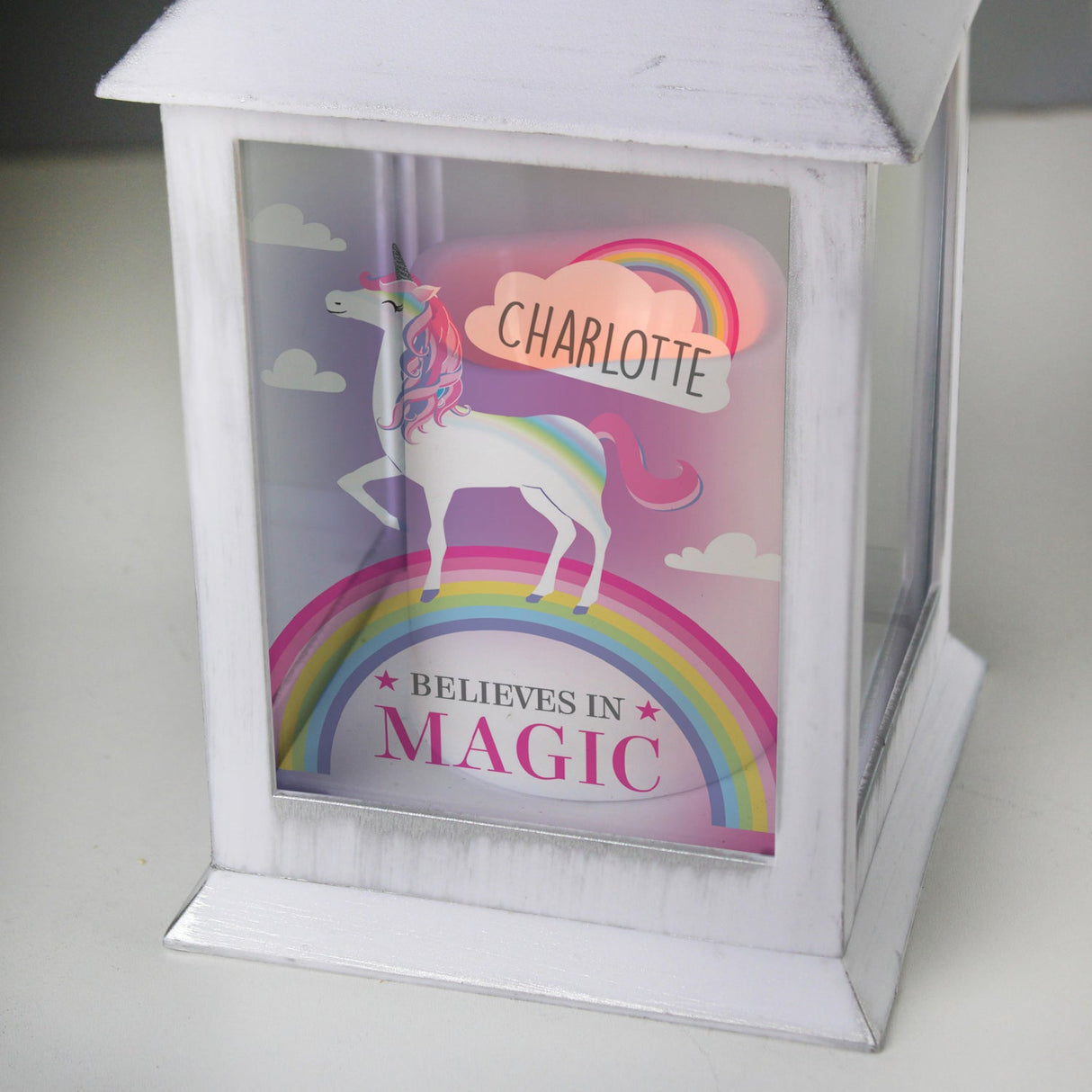 Personalised Unicorn Frost White Lantern: 3 - LED Lighting By Gift Moments