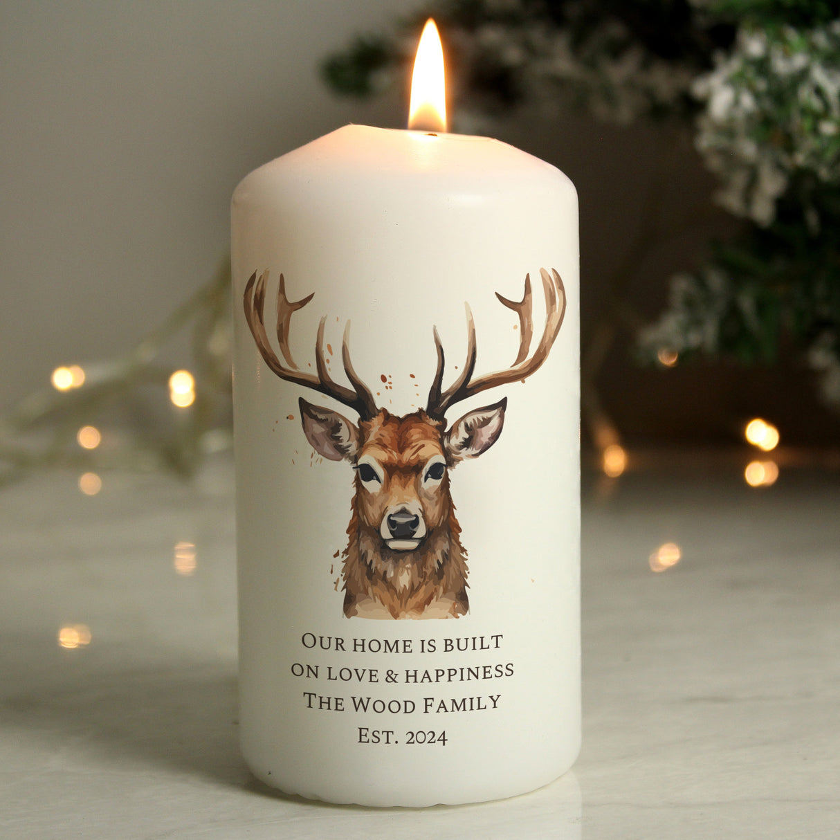 Personalised Watercolour Stag Pillar Candle: 4 - Candle Holders By Gift Moments