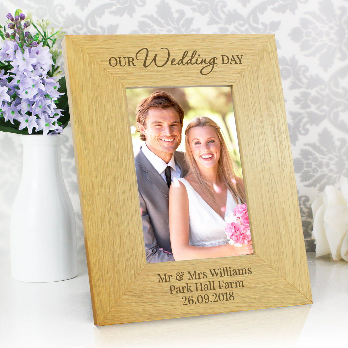 Personalised Our Wedding Day 6x4 Oak Finish Photo Frame: 1 - Photo Frames By Gift Moments