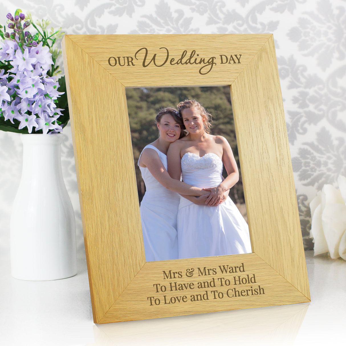Personalised Our Wedding Day 6x4 Oak Finish Photo Frame: 4 - Photo Frames By Gift Moments