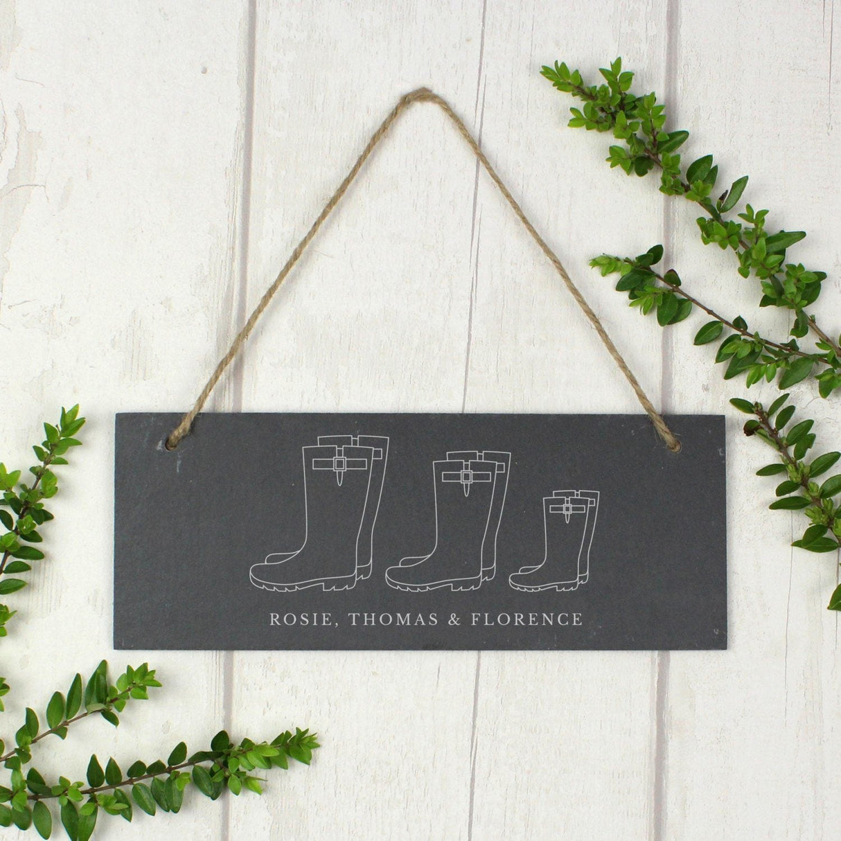 Personalised Welly Boot Family of Three Hanging Slate Plaque - Shop Signs & Plaques At Gift Moments - 1