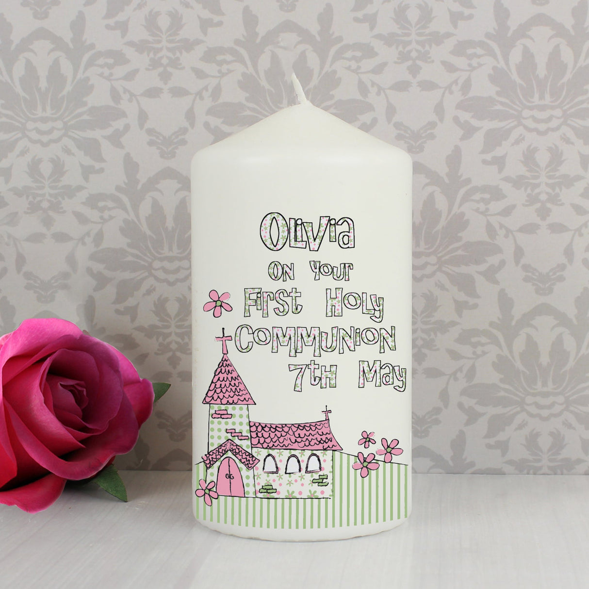 Personalised Whimsical Church Pink 1st Holy Communion Pillar Candle: 1 - Candles By Gift Moments
