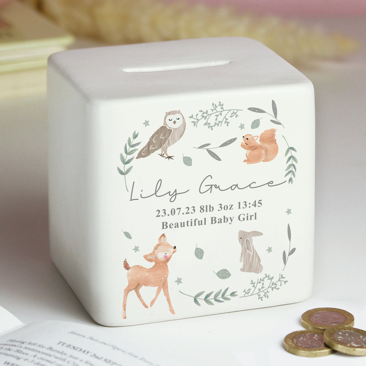 Personalised Woodland Animals Ceramic Square Money Box: 3 - Money Boxes By Gift Moments