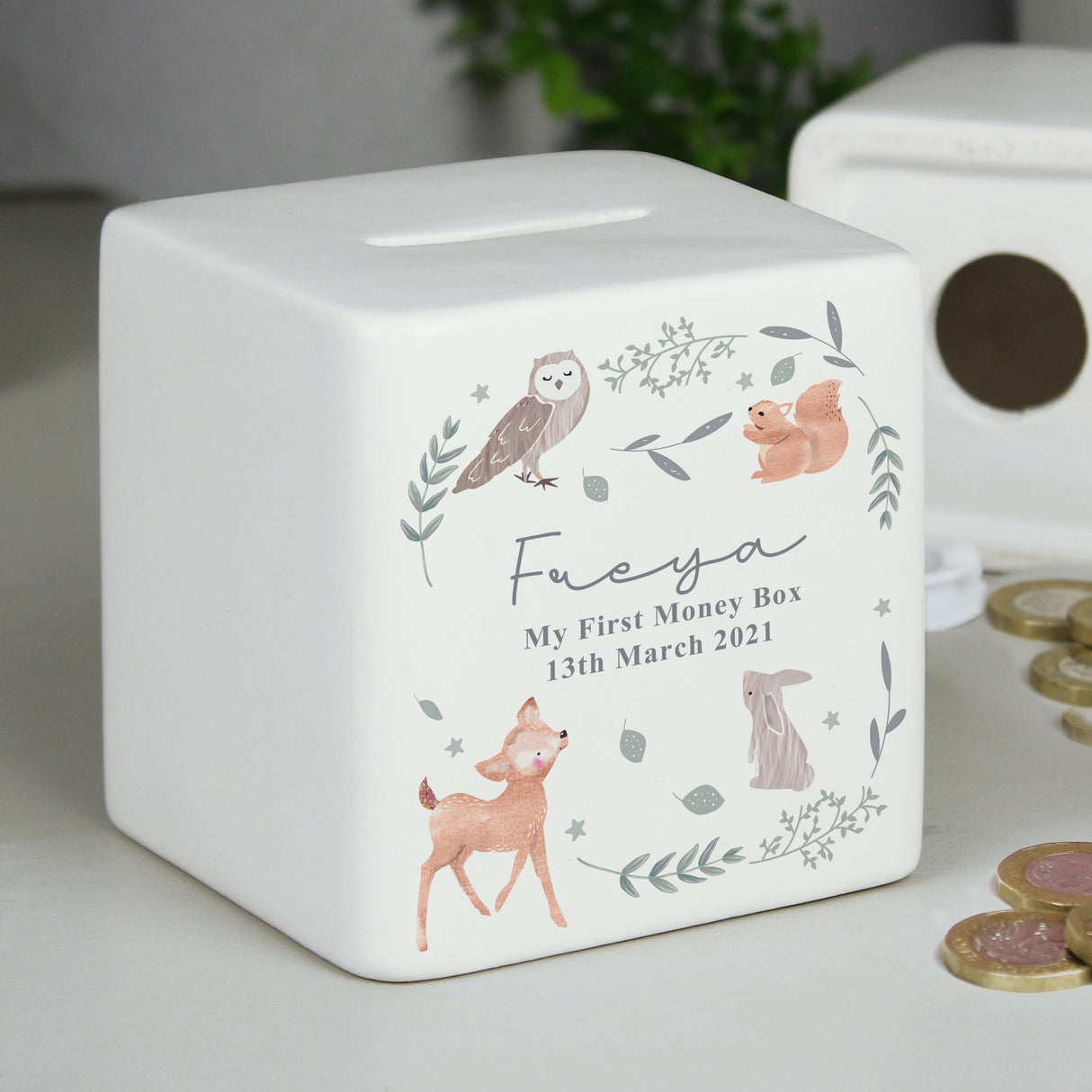 Personalised Woodland Animals Ceramic Square Money Box: 2 - Money Boxes By Gift Moments