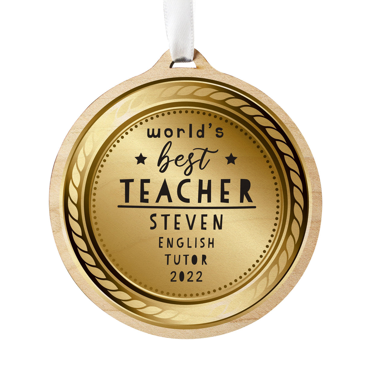 Personalised Worlds Best Teacher Round Wooden Medal: 6 - Keepsakes By Gift Moments