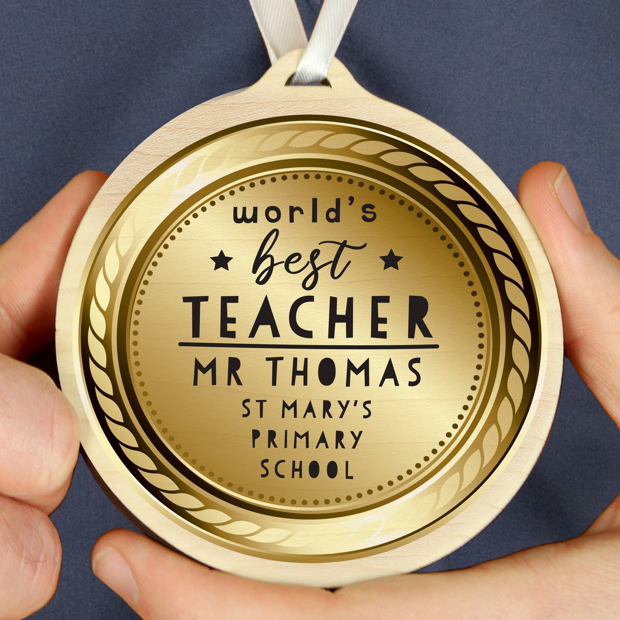 Personalised Worlds Best Teacher Round Wooden Medal: 2 - Keepsakes By Gift Moments