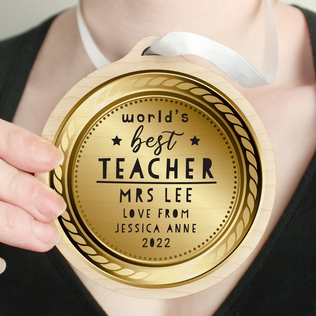 Personalised Worlds Best Teacher Round Wooden Medal: 1 - Keepsakes By Gift Moments