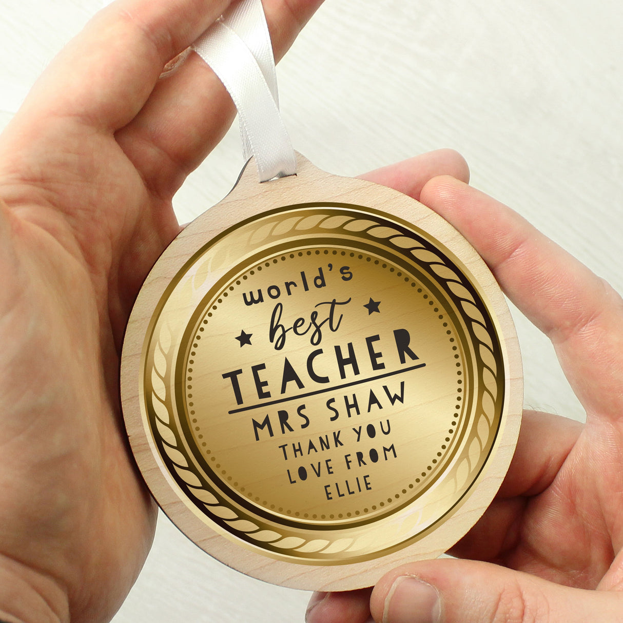 Personalised Worlds Best Teacher Round Wooden Medal: 5 - Keepsakes By Gift Moments