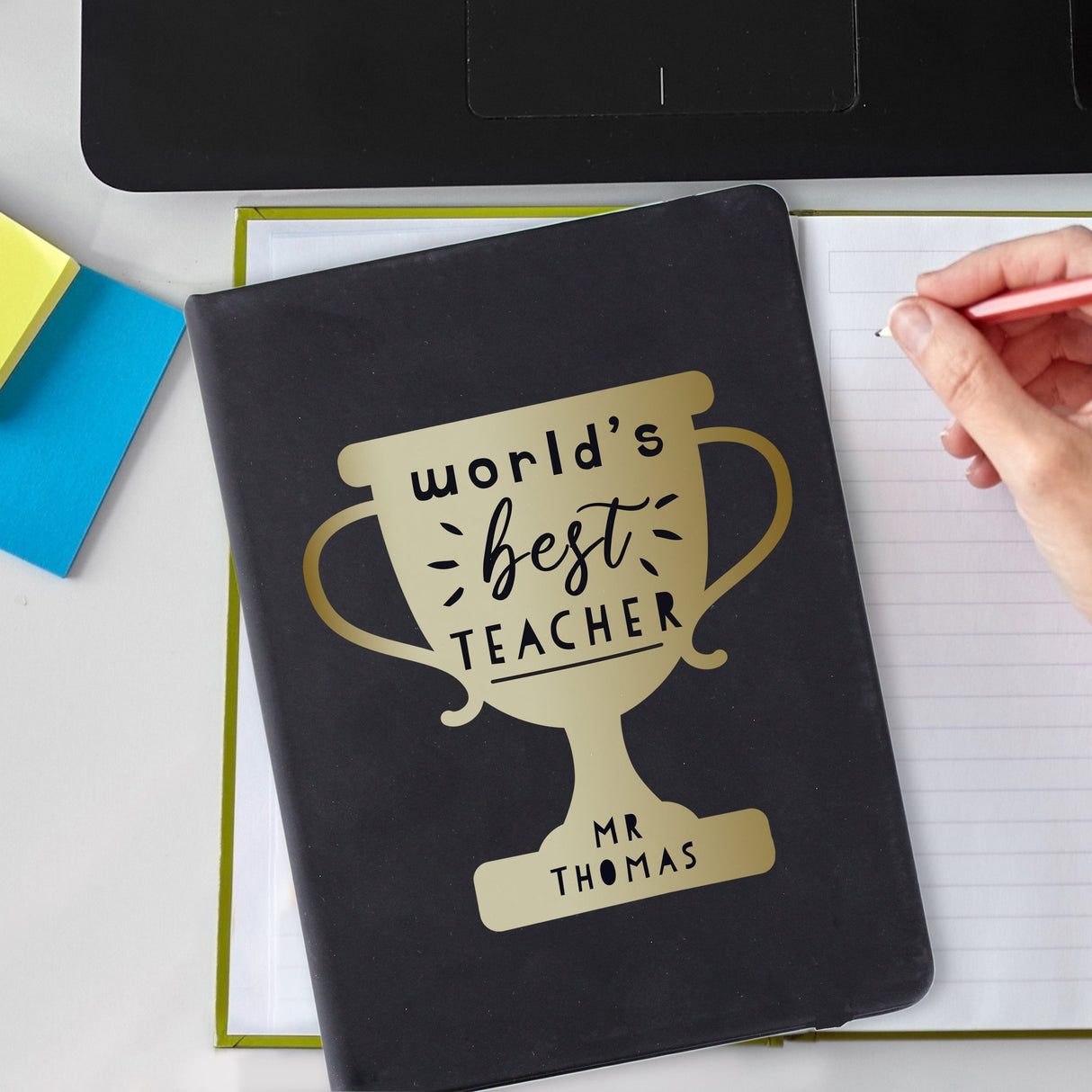Personalised Worlds Best Teacher Trophy Black Hardback Notebook - Shop Notebooks At Gift Moments - 1