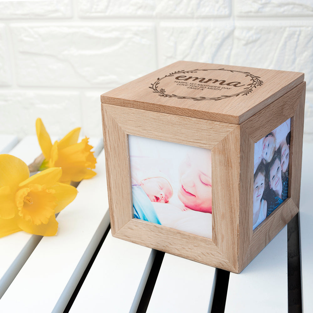 Personalised Wreath Oak Photo Cube: 4 - Photo Cubes By Gift Moments