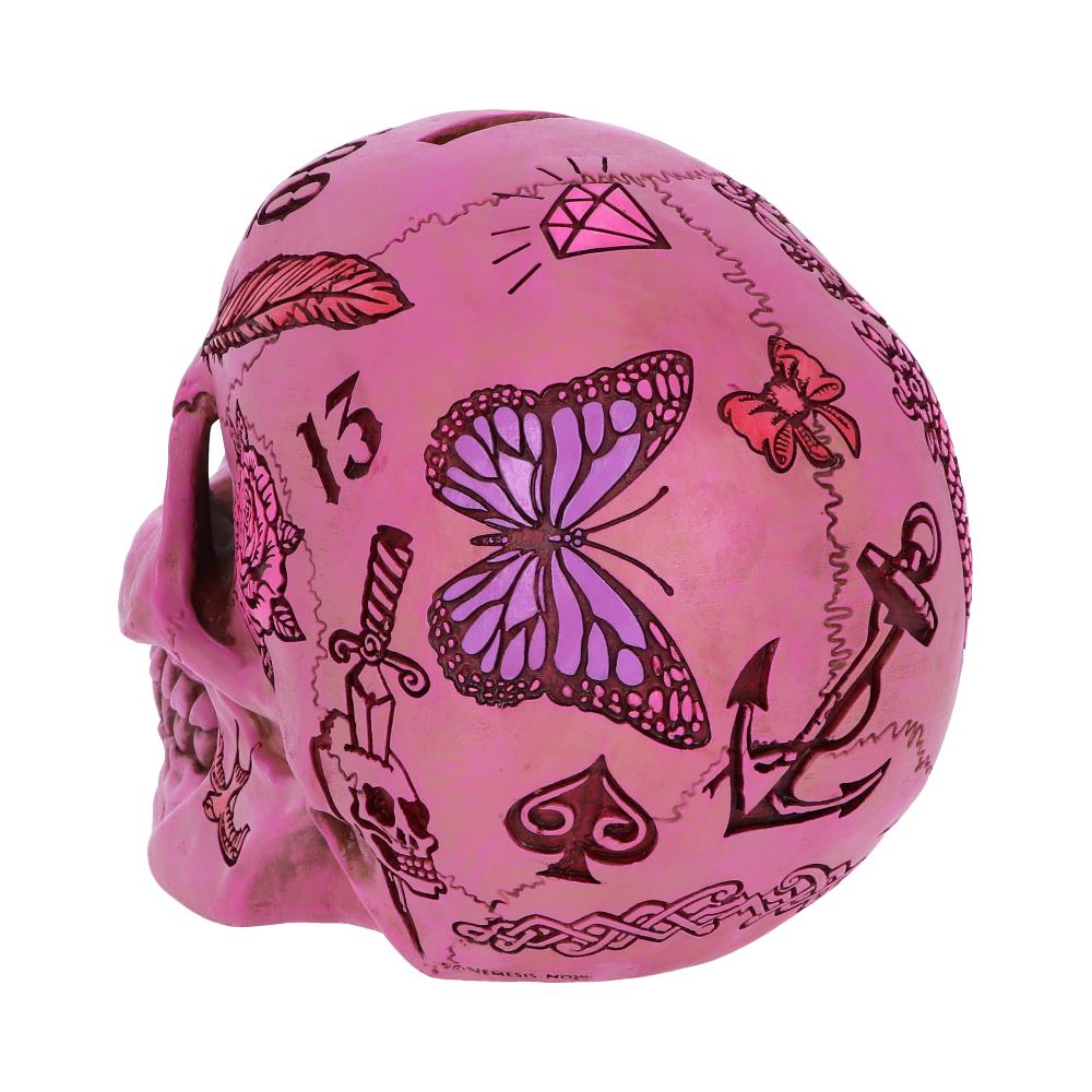 Pink Traditional Tribal Tattoo Fund Skull Money Box: 4 - Money Boxes By NN Designs