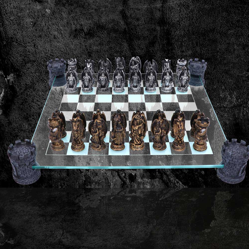 Raised Fantasy Kingdom Of The Dragon Chess Set With Corner Towers 43cm: 1 - Chess Sets By Gift Moments