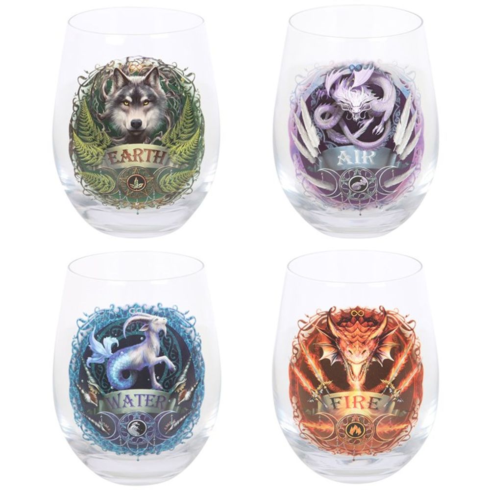 Set of 4 Elemental Stemless Wine Glasses by Anne Stokes: 2 - By Gift Moments