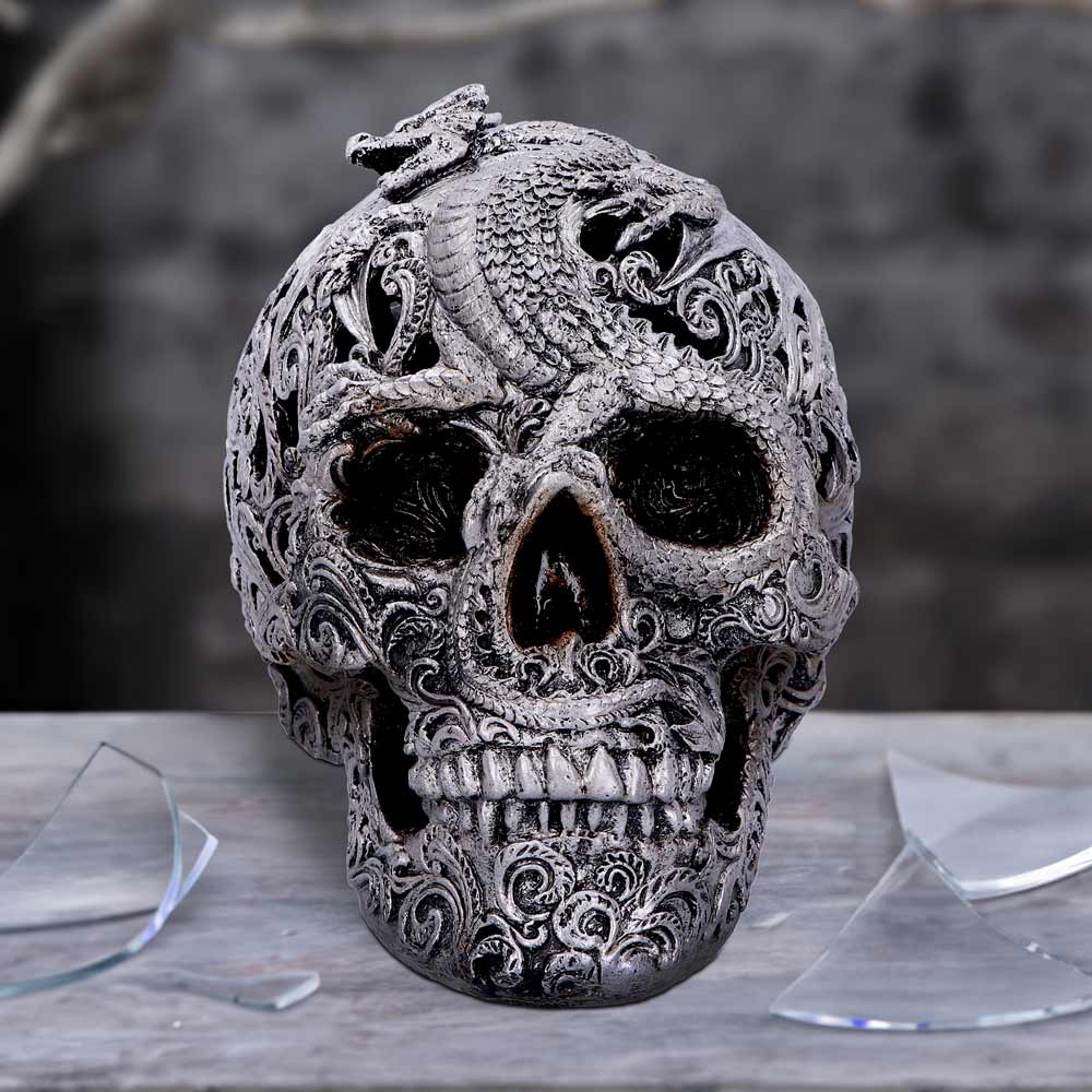 Silver Cranial Drakos Engraved Dragon Skull Ornament: 1 - Figures & Collectables By Gift Moments