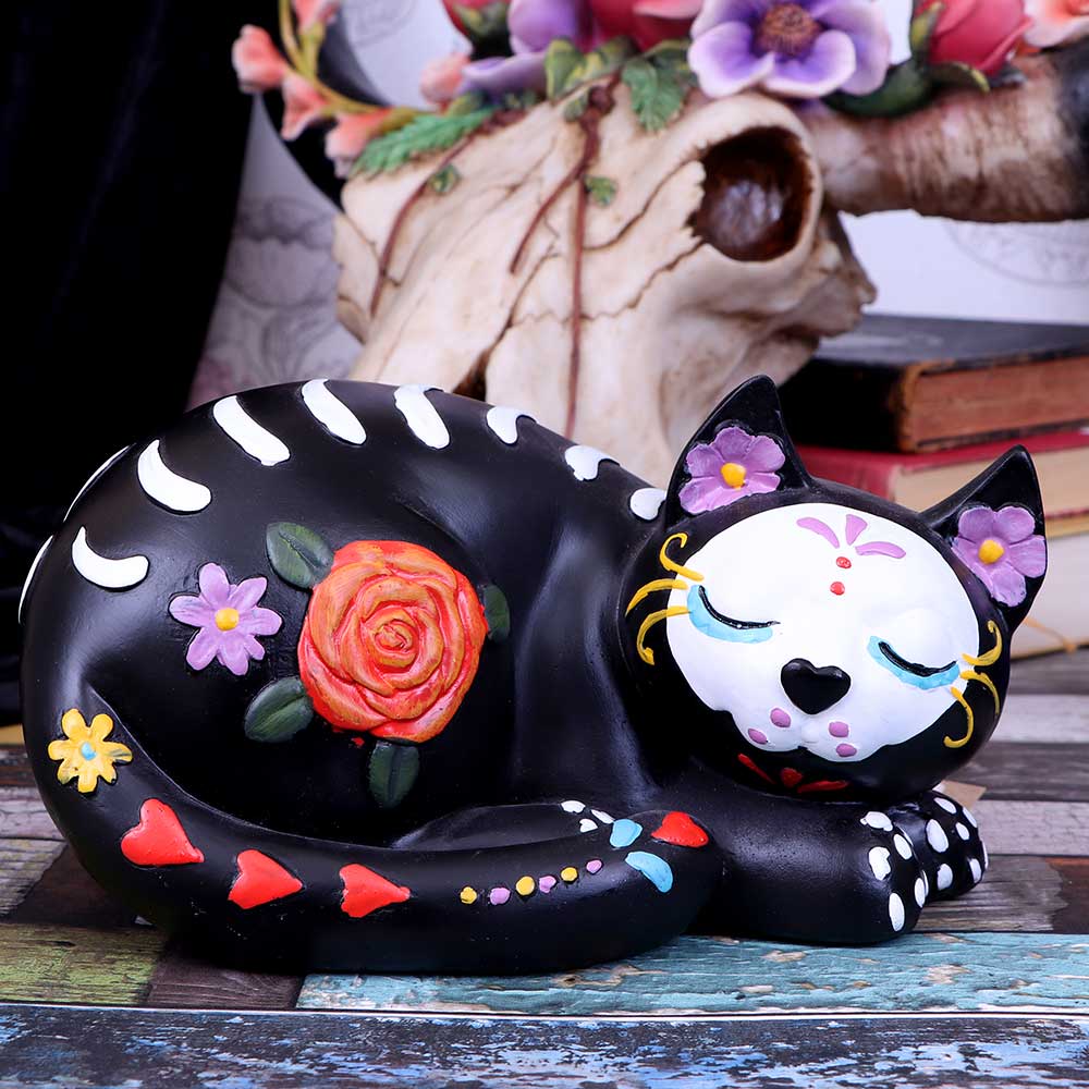 Sleepy Sugar Figurine Mexican Day of the Dead Sugar Skull Cat Ornament: 1 - Figurines Medium (15-29cm) By Gift Moments