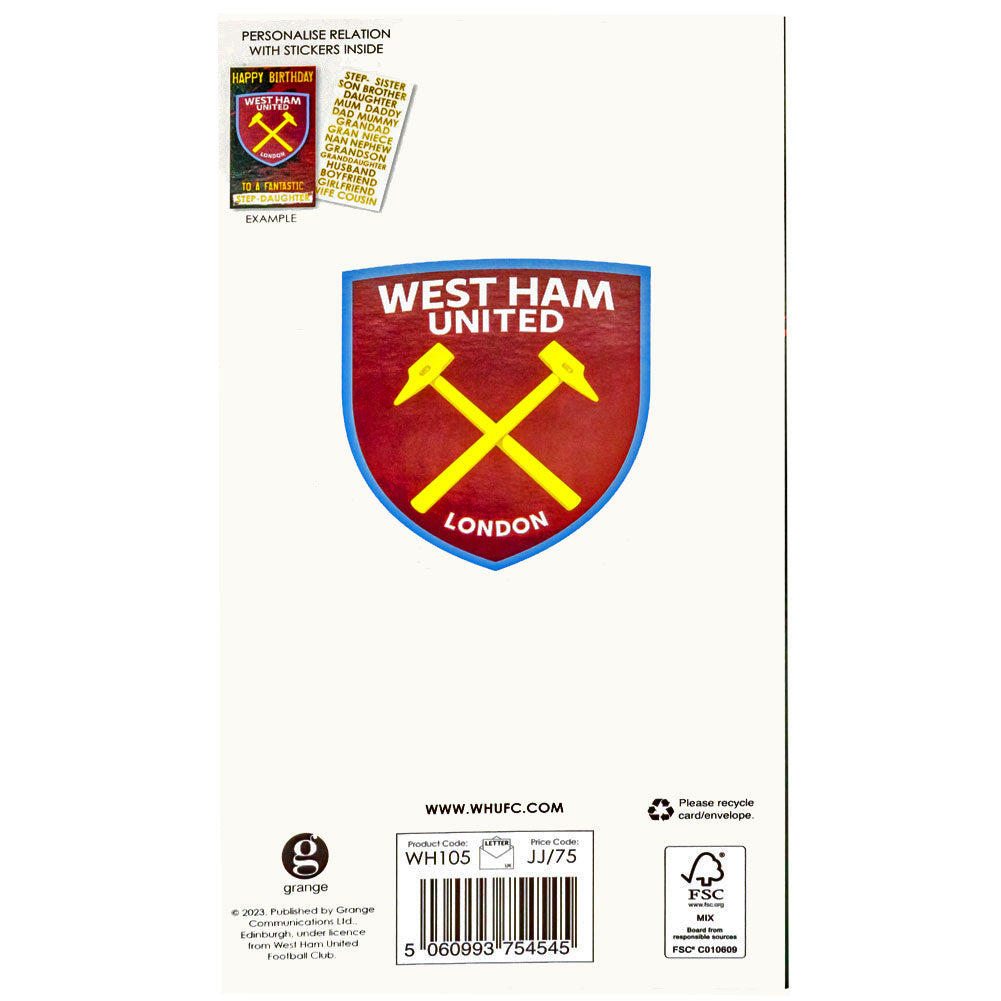 West Ham United FC Personalised Birthday Card: 5 Greeting Cards By West Ham United